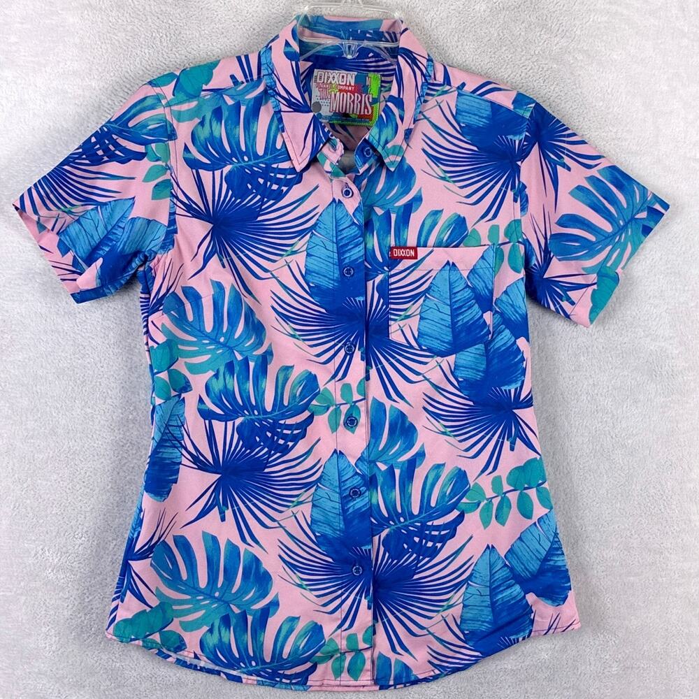 Dixxon Flannel Co Shirt Womens M The Morris Pink Blue Hawaiian Palm AOP Surf